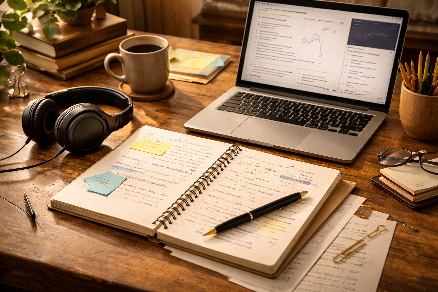 Study desk with notebook, headphones, and laptop prepared for self-paced learning